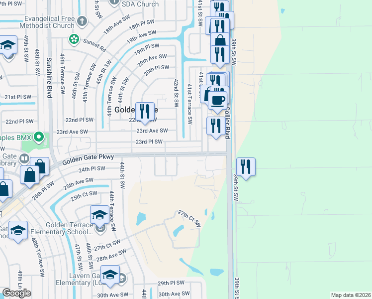 map of restaurants, bars, coffee shops, grocery stores, and more near 2342 42nd Street Southwest in Naples