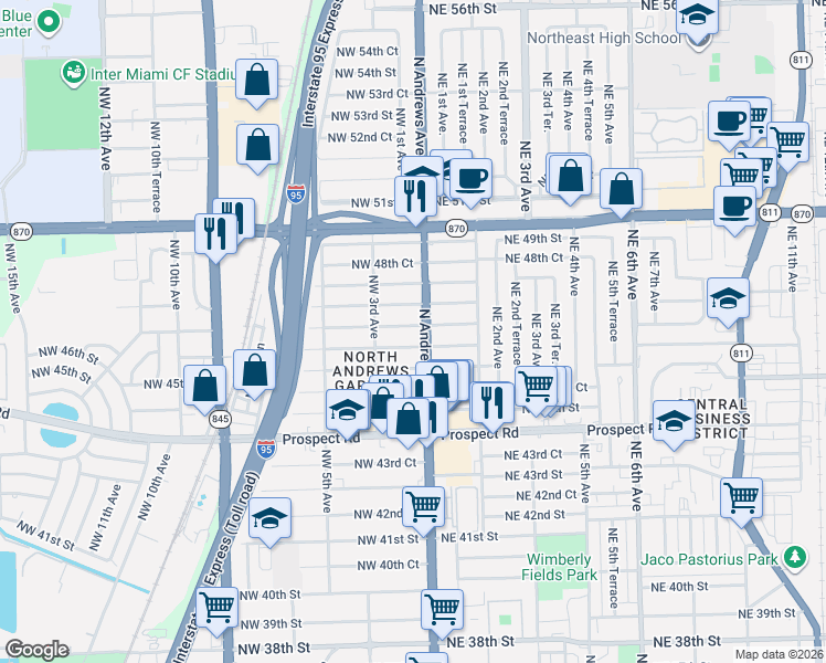 map of restaurants, bars, coffee shops, grocery stores, and more near 140 Northwest 47th Court in Fort Lauderdale
