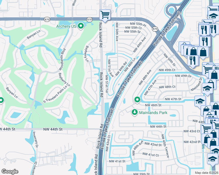 map of restaurants, bars, coffee shops, grocery stores, and more near 4901 Northwest 49th Road in Tamarac