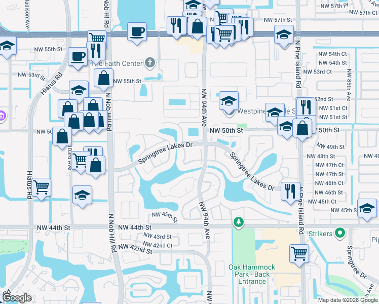 map of restaurants, bars, coffee shops, grocery stores, and more near 9417 Northwest 49th Court in Sunrise