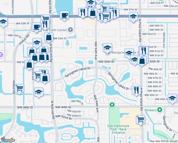 map of restaurants, bars, coffee shops, grocery stores, and more near 9417 Northwest 49th Court in Sunrise