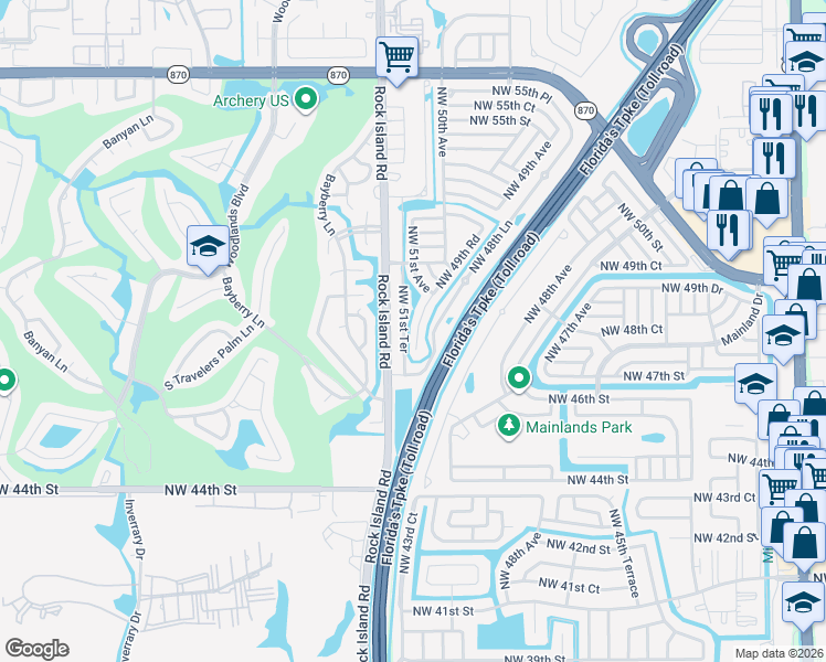 map of restaurants, bars, coffee shops, grocery stores, and more near 4901 Northwest 49th Road in Tamarac
