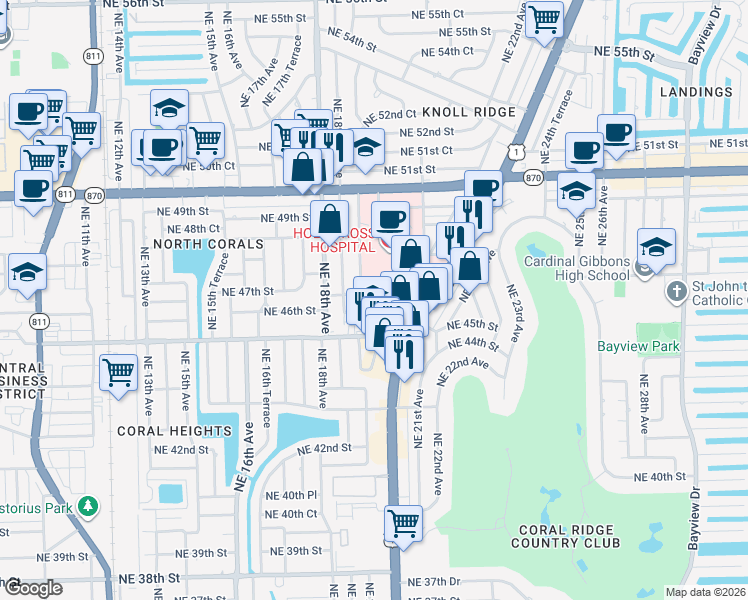 map of restaurants, bars, coffee shops, grocery stores, and more near 4705 Northeast 19th Avenue in Fort Lauderdale