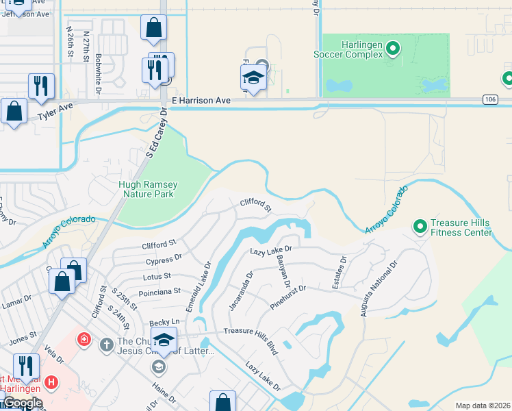 map of restaurants, bars, coffee shops, grocery stores, and more near 3117 Clifford St in Harlingen