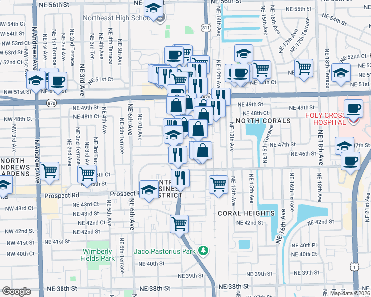 map of restaurants, bars, coffee shops, grocery stores, and more near 4700 North Dixie Highway in Oakland Park