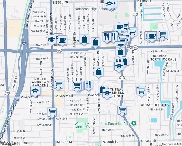 map of restaurants, bars, coffee shops, grocery stores, and more near 4731 Northeast 5th Avenue in Fort Lauderdale