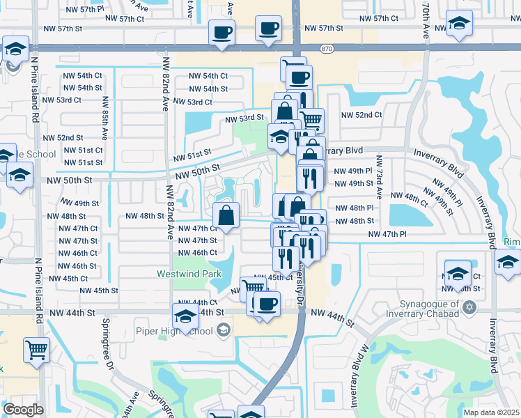 map of restaurants, bars, coffee shops, grocery stores, and more near 7750 Northwest 50th Street in Lauderhill
