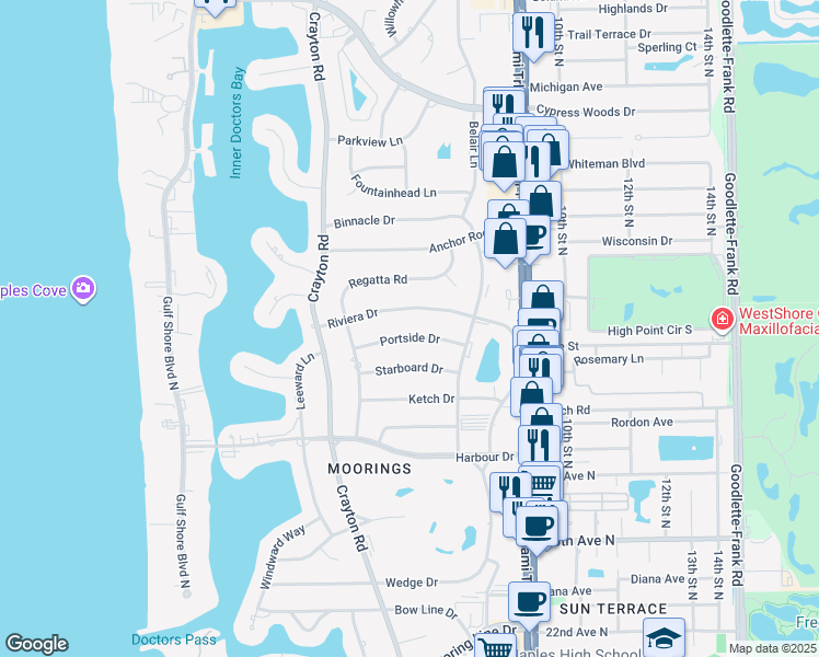 map of restaurants, bars, coffee shops, grocery stores, and more near 611 Portside Drive in Naples