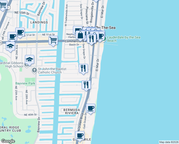 map of restaurants, bars, coffee shops, grocery stores, and more near 4136 North Ocean Drive in Lauderdale-by-the-Sea