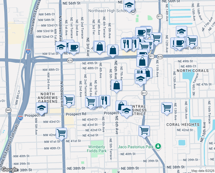 map of restaurants, bars, coffee shops, grocery stores, and more near 4731 Northeast 5th Avenue in Fort Lauderdale