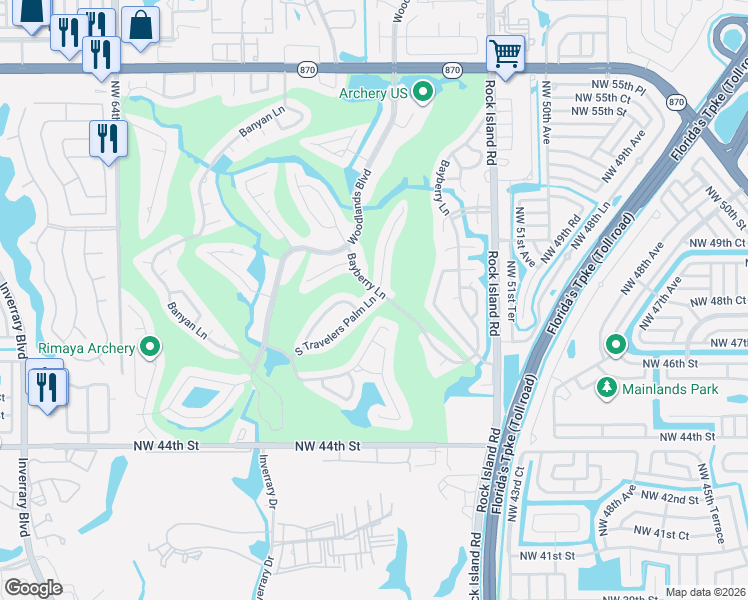 map of restaurants, bars, coffee shops, grocery stores, and more near 4902 North Travelers Palm Lane in Tamarac
