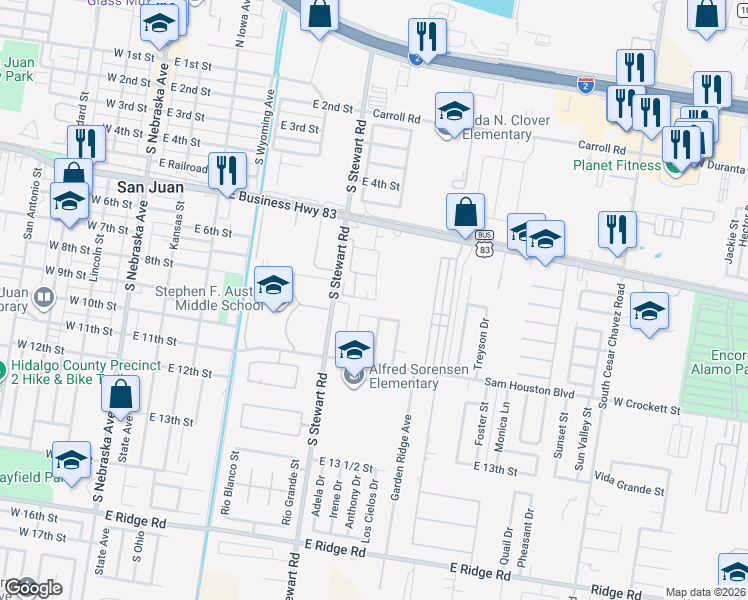 map of restaurants, bars, coffee shops, grocery stores, and more near 700 South Shawnee Bend Road in San Juan