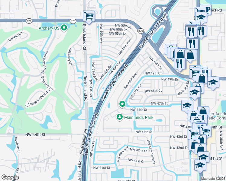 map of restaurants, bars, coffee shops, grocery stores, and more near 4747 Northwest 48th Terrace in Tamarac