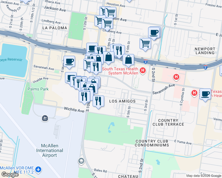 map of restaurants, bars, coffee shops, grocery stores, and more near 1921 South 8th Street in McAllen