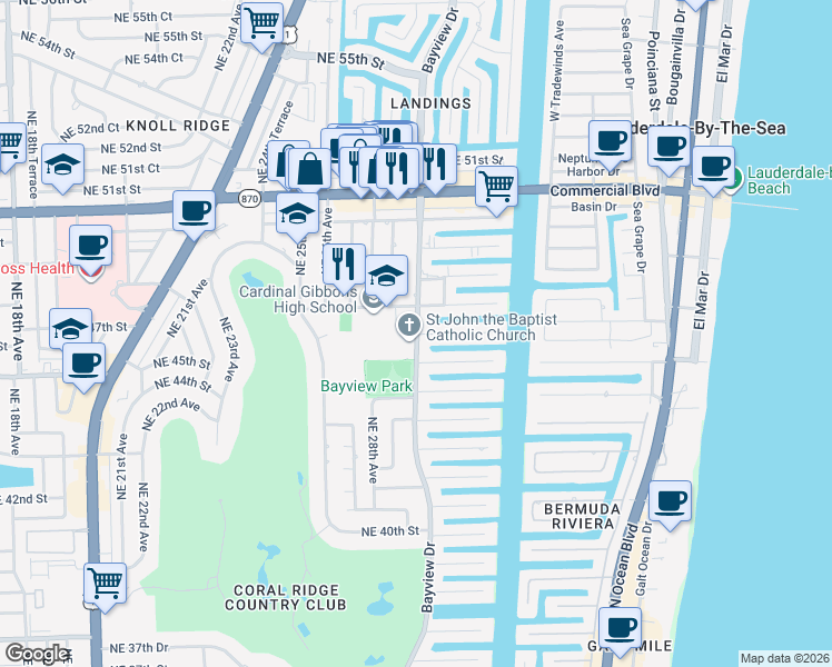 map of restaurants, bars, coffee shops, grocery stores, and more near 4605 Bayview Drive in Fort Lauderdale