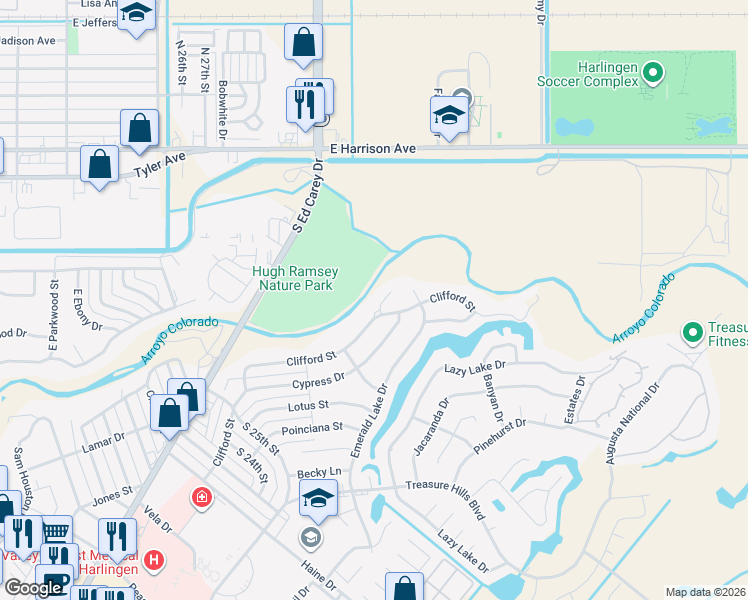 map of restaurants, bars, coffee shops, grocery stores, and more near 3013-3099 Daniel Circle in Harlingen