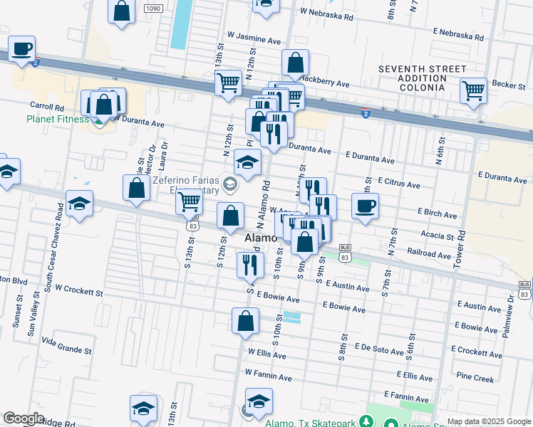 map of restaurants, bars, coffee shops, grocery stores, and more near 1036 East Acacia Avenue in Alamo