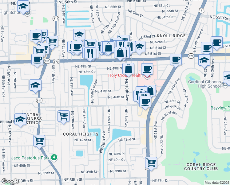 map of restaurants, bars, coffee shops, grocery stores, and more near 4704 Northeast 17th Avenue in Oakland Park