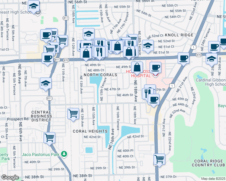 map of restaurants, bars, coffee shops, grocery stores, and more near 4734 Northeast 15th Way in Oakland Park
