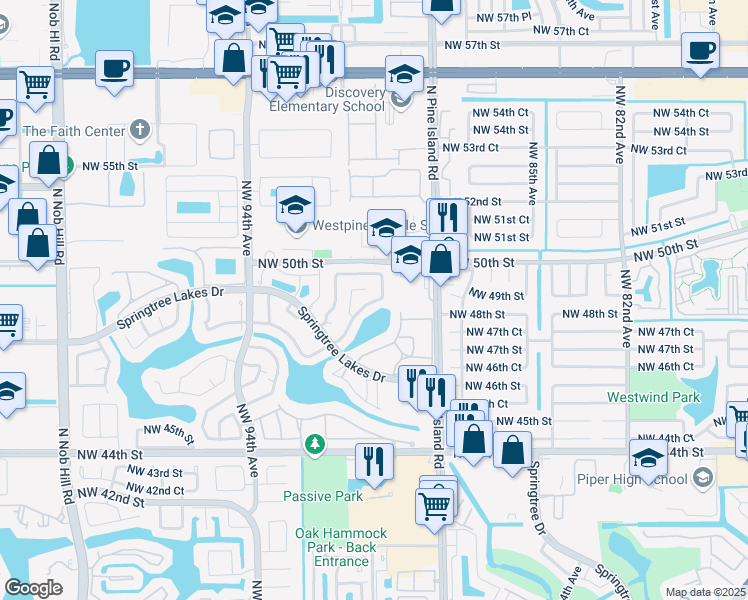 map of restaurants, bars, coffee shops, grocery stores, and more near 9194 Northwest 49th Court in Sunrise