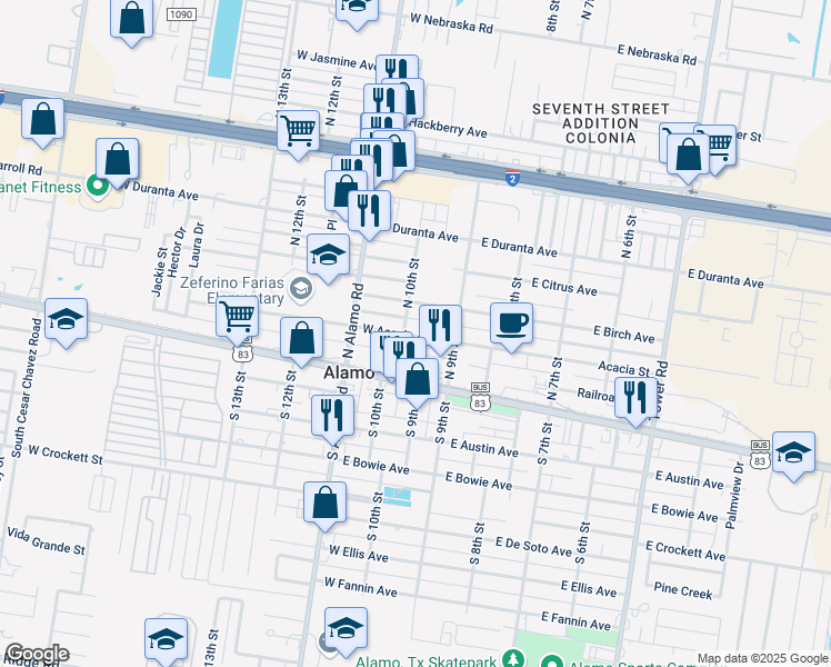 map of restaurants, bars, coffee shops, grocery stores, and more near 1000 East Acacia Avenue in Alamo