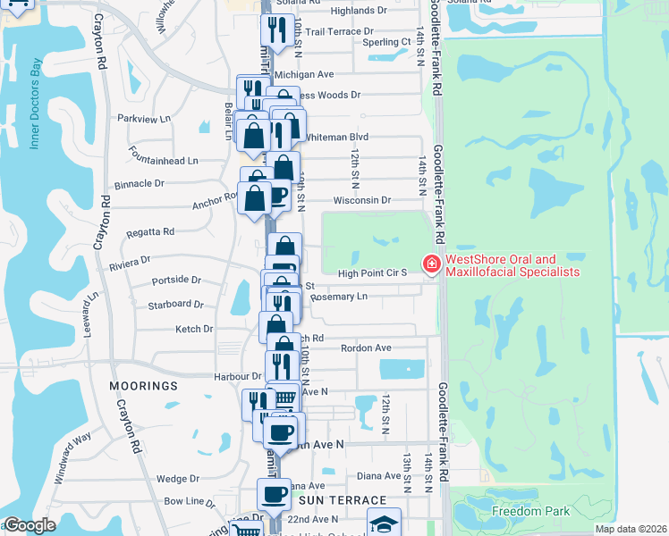 map of restaurants, bars, coffee shops, grocery stores, and more near 57 High Point Circle West in Naples