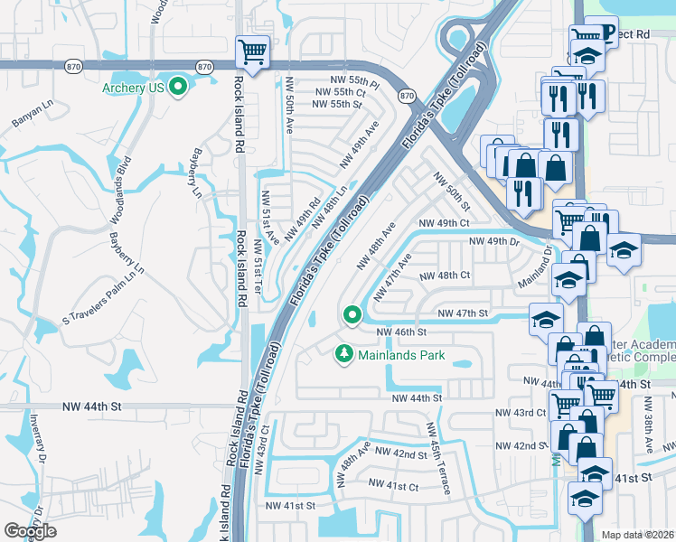 map of restaurants, bars, coffee shops, grocery stores, and more near 4747 Northwest 48th Terrace in Tamarac