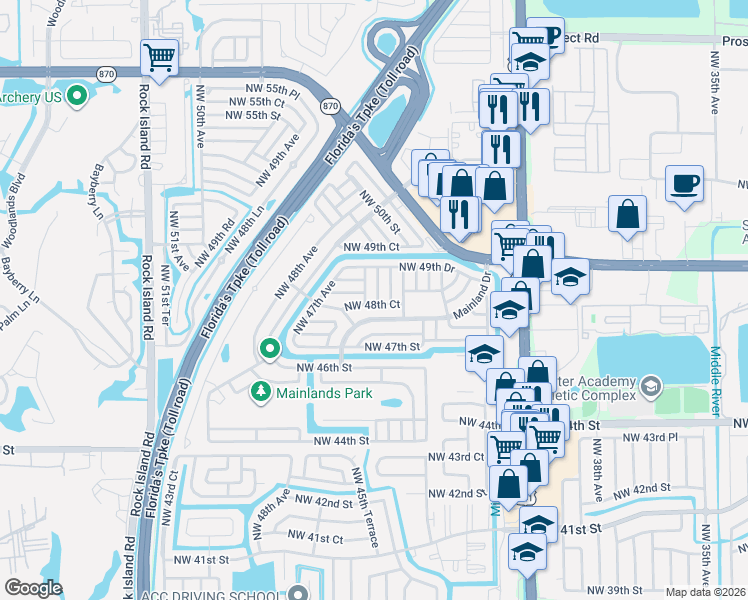 map of restaurants, bars, coffee shops, grocery stores, and more near 4901 Northwest 44th Terrace in Tamarac