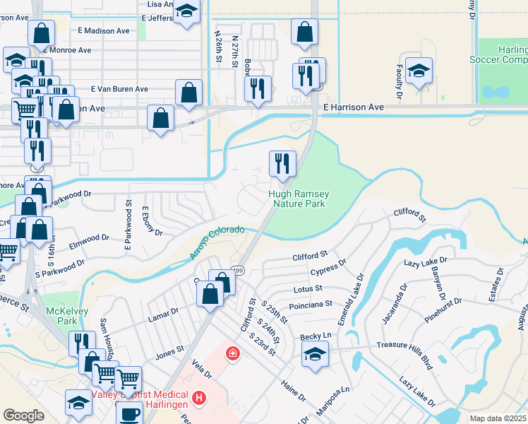 map of restaurants, bars, coffee shops, grocery stores, and more near 204 Parkview Circle in Harlingen