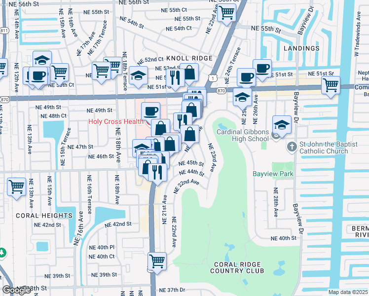 map of restaurants, bars, coffee shops, grocery stores, and more near 4525 Northeast 21st Avenue in Fort Lauderdale