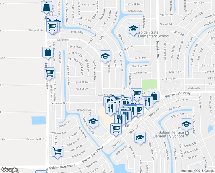 map of restaurants, bars, coffee shops, grocery stores, and more near 2361 51st Terrace Southwest in Naples