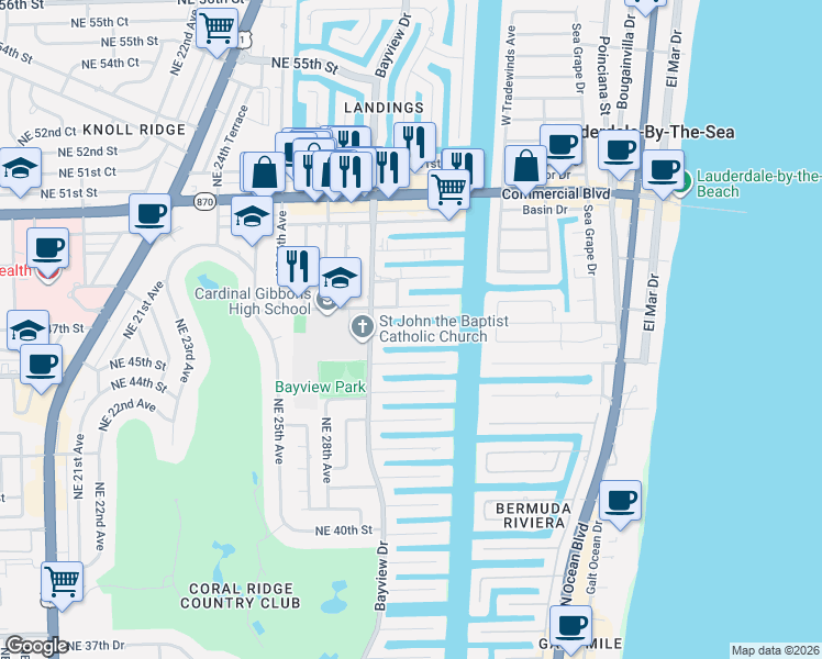 map of restaurants, bars, coffee shops, grocery stores, and more near 3030 Northeast 47th Street in Fort Lauderdale