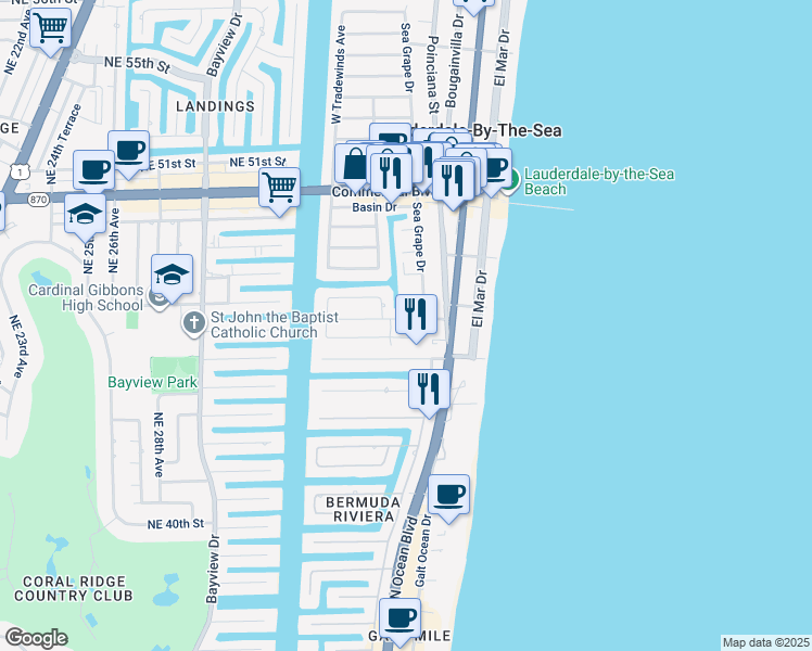 map of restaurants, bars, coffee shops, grocery stores, and more near 4137 Sea Grape Drive in Lauderdale-by-the-Sea