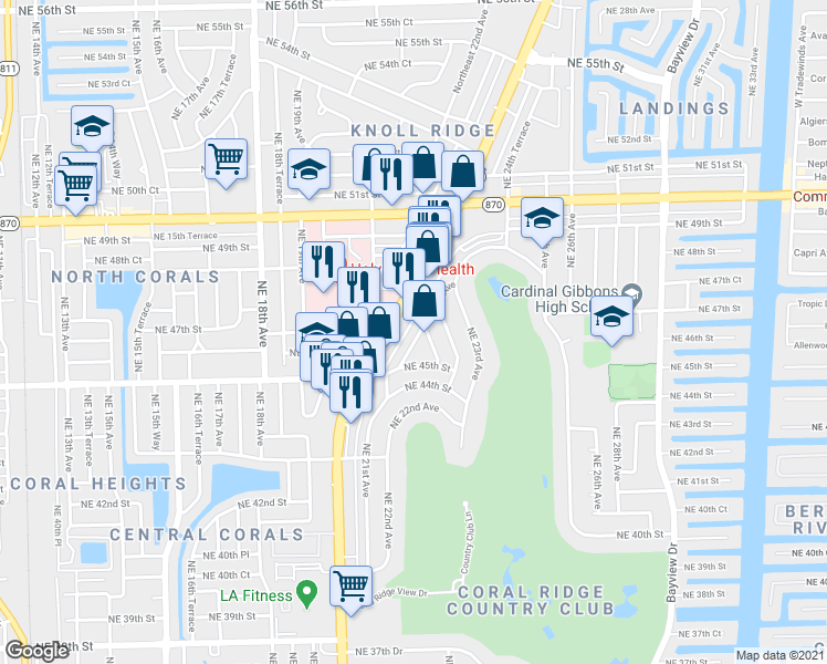map of restaurants, bars, coffee shops, grocery stores, and more near 4525 Northeast 21st Avenue in Fort Lauderdale