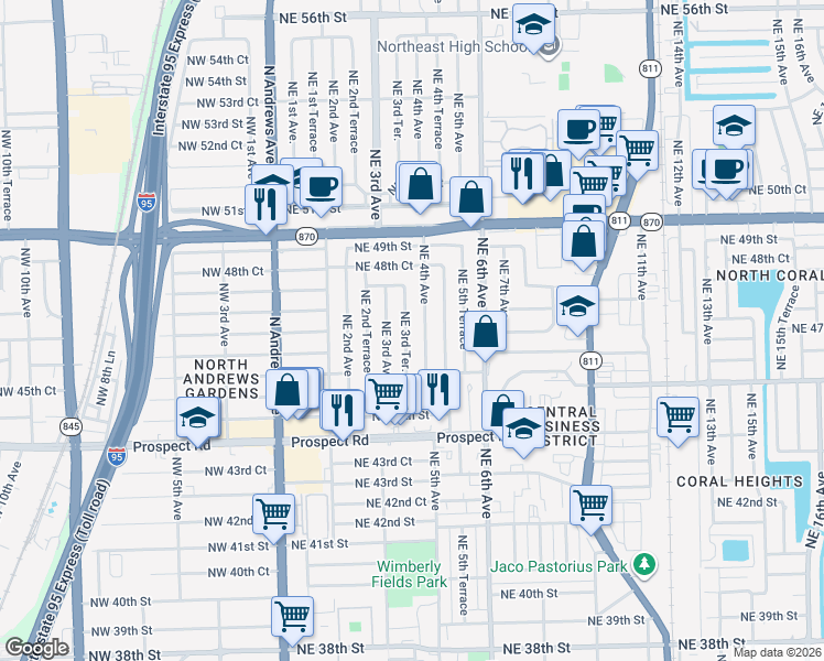 map of restaurants, bars, coffee shops, grocery stores, and more near 4721 Northeast 3rd Terrace in Fort Lauderdale