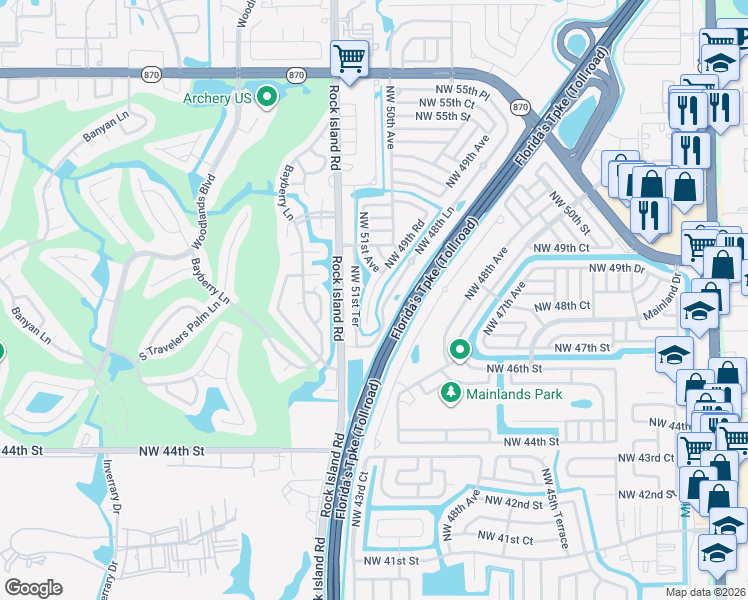 map of restaurants, bars, coffee shops, grocery stores, and more near 4901 Northwest 49th Road in Tamarac