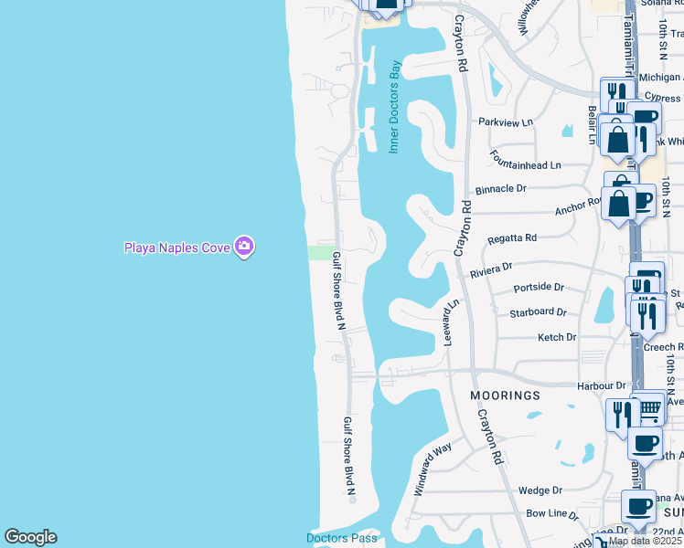 map of restaurants, bars, coffee shops, grocery stores, and more near 3300 Gulf Shore Boulevard North in Naples