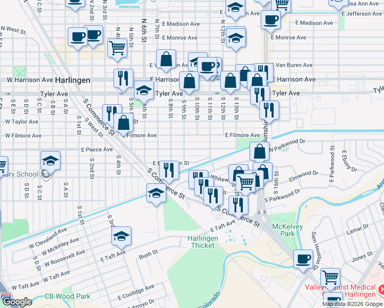 map of restaurants, bars, coffee shops, grocery stores, and more near 917 East Pierce Avenue in Harlingen