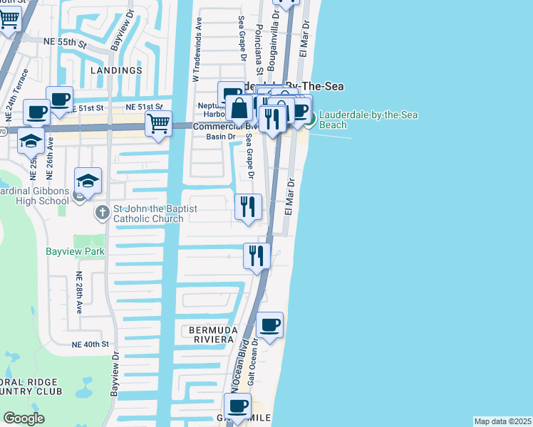 map of restaurants, bars, coffee shops, grocery stores, and more near 4136 North Ocean Drive in Lauderdale-by-the-Sea
