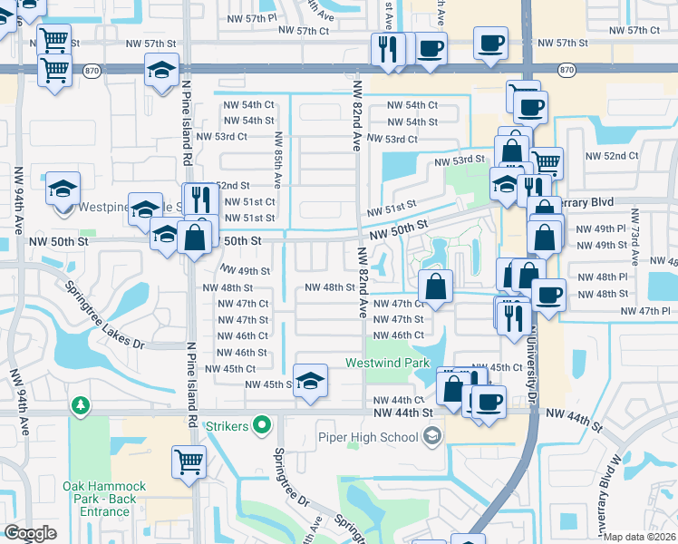 map of restaurants, bars, coffee shops, grocery stores, and more near 8220 Northwest 49th Street in Lauderhill