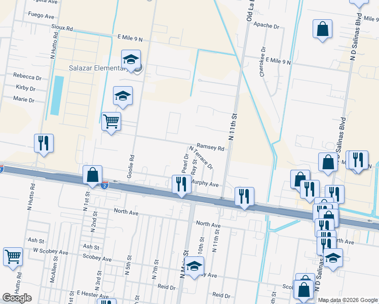 map of restaurants, bars, coffee shops, grocery stores, and more near 506 East Expressway 83 in Donna