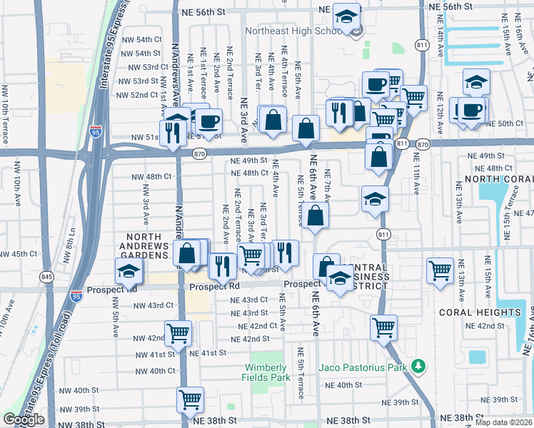map of restaurants, bars, coffee shops, grocery stores, and more near 4721 Northeast 3rd Terrace in Fort Lauderdale