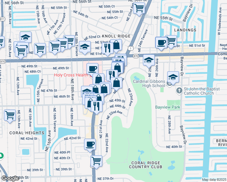 map of restaurants, bars, coffee shops, grocery stores, and more near 4521 Northeast 21st Avenue in Fort Lauderdale
