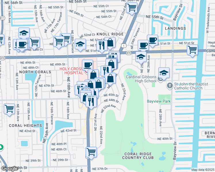 map of restaurants, bars, coffee shops, grocery stores, and more near 4525 Northeast 21st Avenue in Fort Lauderdale