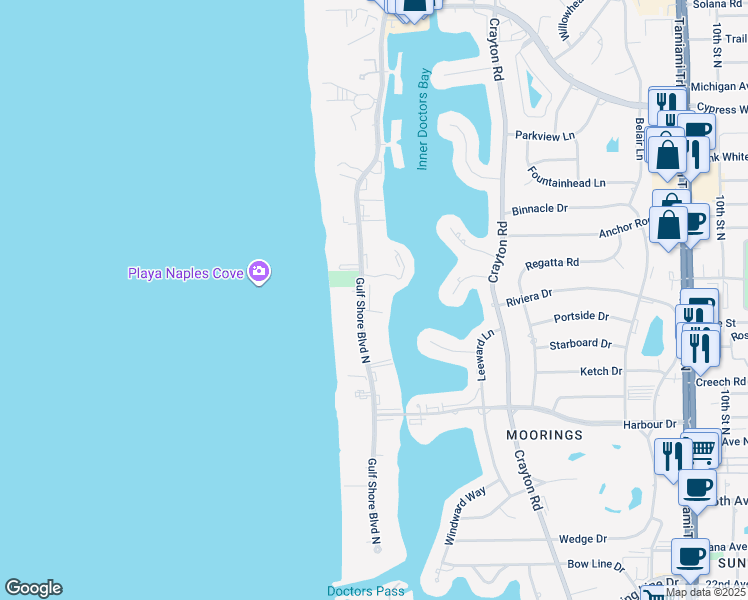 map of restaurants, bars, coffee shops, grocery stores, and more near 3300 Gulf Shore Boulevard North in Naples