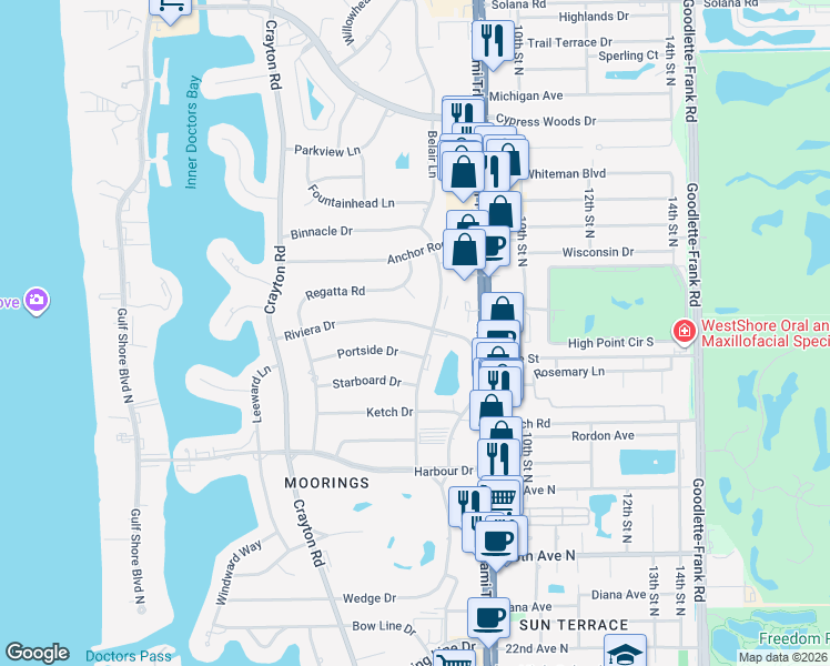 map of restaurants, bars, coffee shops, grocery stores, and more near 745 Riviera Drive in Naples