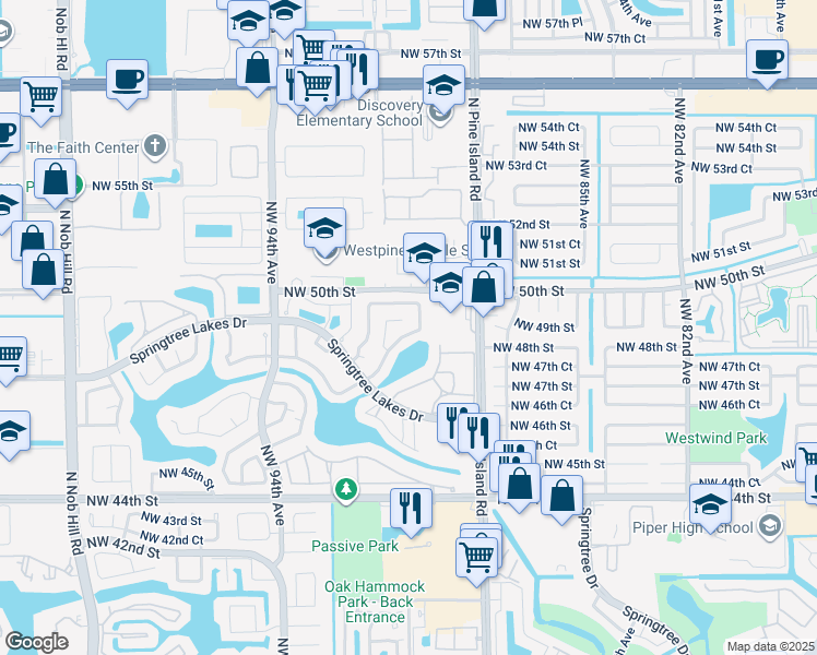 map of restaurants, bars, coffee shops, grocery stores, and more near 9194 Northwest 49th Court in Sunrise