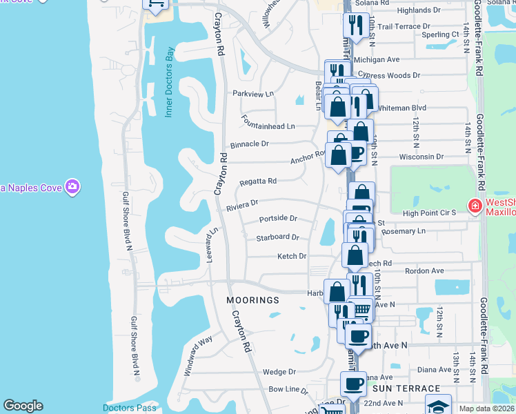 map of restaurants, bars, coffee shops, grocery stores, and more near 554 Riviera Drive in Naples