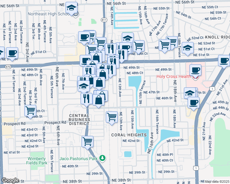 map of restaurants, bars, coffee shops, grocery stores, and more near 4725 Northeast 12th Avenue in Oakland Park