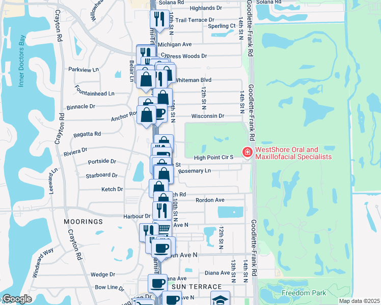 map of restaurants, bars, coffee shops, grocery stores, and more near 57 High Point Circle West in Naples